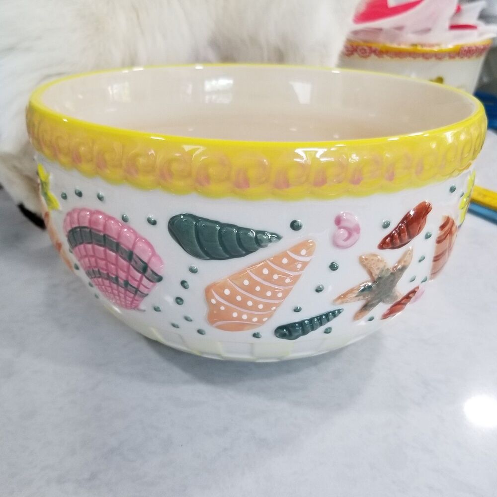 Temp‑tations Summer Shells 3 Qt Bowl Coastal Stoneware Hand Painted